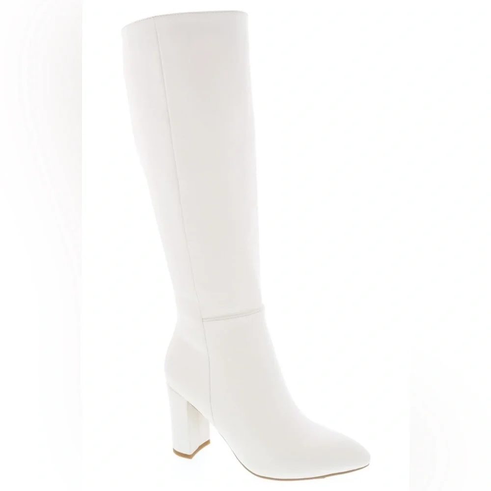 NWT!! KNEE HIGH POINTED TOE WHITE PU MID HEEL BOOT - Picture 2 of 4